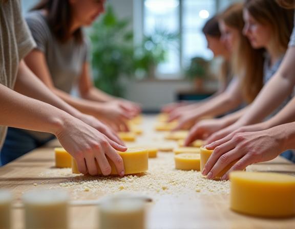 Groupe de personnes participant à un atelier de fabrication de produits écologiques.