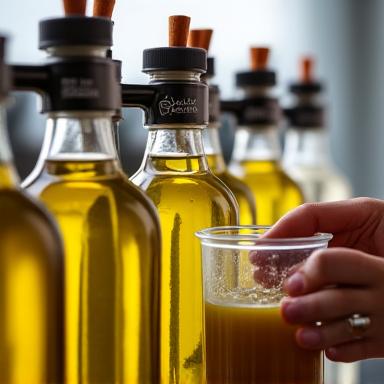 Bouteilles d'huile et de vinaigre avec des robinets pour le service.